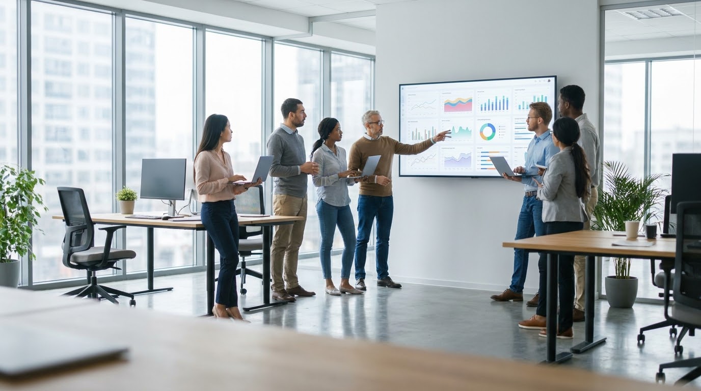 A modern IT office space with a team of developers collaborating